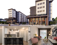 An exterior view of the Aurora apartment building in Kelowna, a furnished kitchen, and a furnished living room.